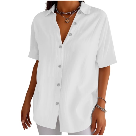 cfhntfmh Women Cotton Linen Button up Shirt Summer Lightweight Short Sleeve Office Blouse Dressy Casual Vacation Shirts