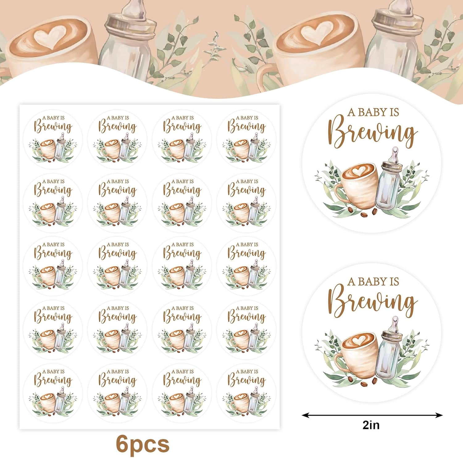 120Pcs A Baby is Brewing Baby Shower Stickers 2 Inch Coffee Theme Round Adhesive Label Decals for Coffee Bean Cookie Bag Party Favor Gifts Decor