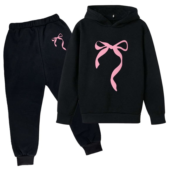 KKBOTIVE Girls Boys Cute Bow Print Hoodies and Jogger, Fashion Long Sleeve Outfit 2 Piece Set for Kids Back to School Wear, Black Size: 3-4 Years