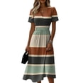 thumbnail image 2 of Minjewel Women's Striped V-Neck Short Sleeve Breton Top Shift Mini Dress - Summer Casual Beach Outfit, Loose Flowy Party Dress, Comfy Vacation Outfit,Brown,S, 2 of 6