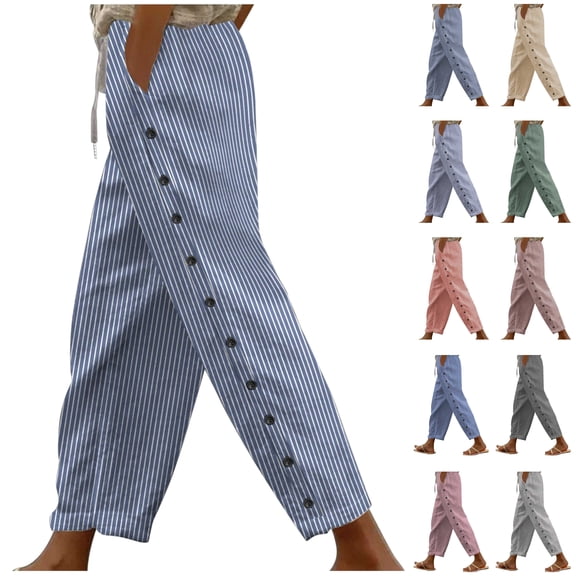 lcziwo Cotton Linen Beach Pants for Women Casual Side Button Lounge Pants Drawstring Elastic Waist Striped Straight Leg Pants with Pockets Beige XL