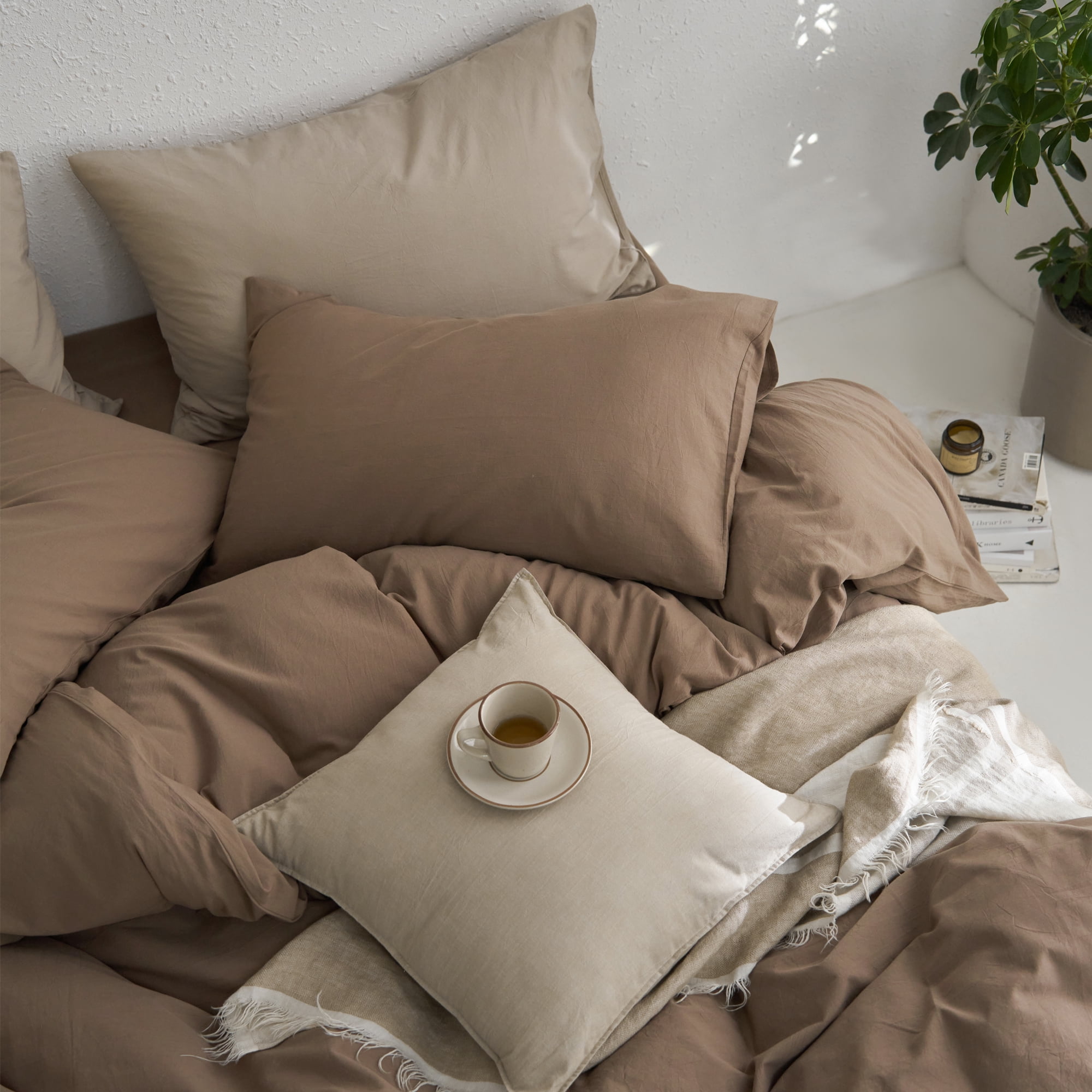 MooMee Duvet Cover Set Queen 100% Washed Cotton Twill Ultra-Soft Breathable Linen Like 3-Piece (Bombay Brown, 90"x90")