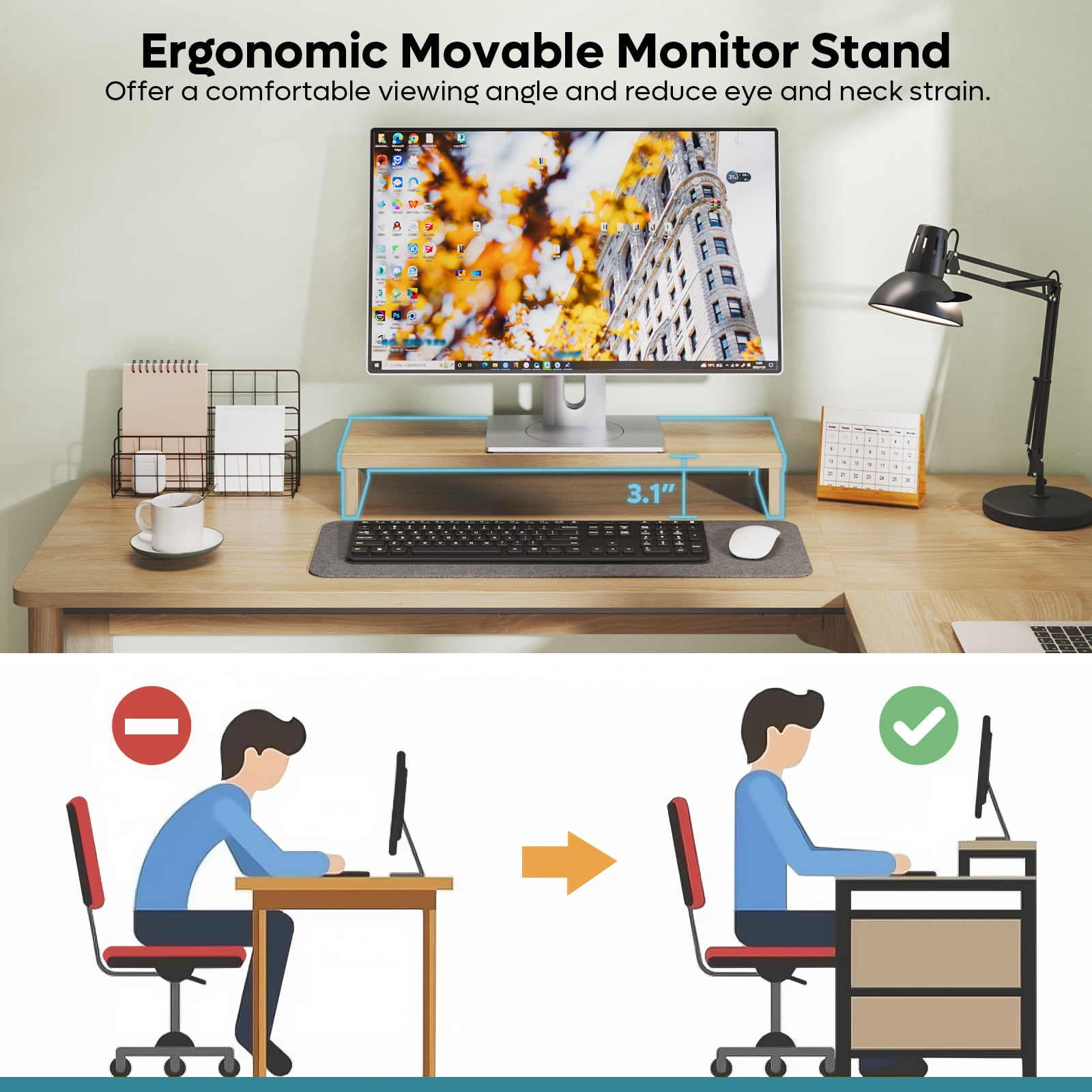 Bestier L Shaped Desk with Drawers, 55.7" x 55" Office Computer Desk with Round Corners, Monitor Stand & Fluted Panels, Natural Oak