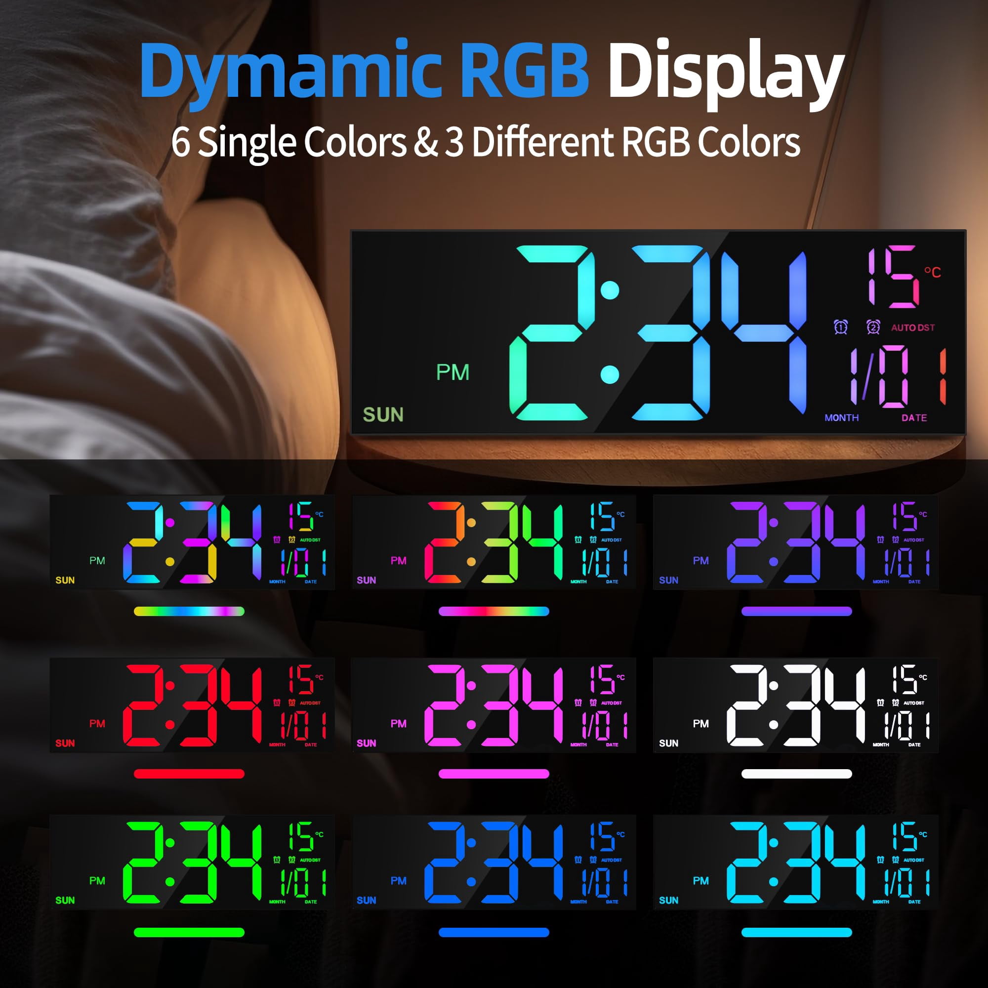 Mee 2ou 16" Large Digital Clock With Temperature, Date, Auto DST, Night Light, Auto Brightness Dimmer, 24/12-hour Wall Clock for Living Room Garage Office Classroom Gym Shop Decor