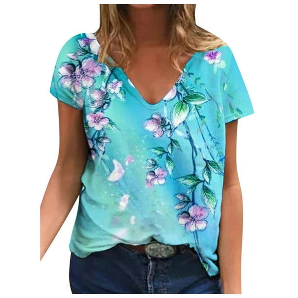 Moda Mujer Cuello en V Manga corta Impresión Jersey Blusas sueltas Tops Camiseta OAVQHLG3B Store lin121212