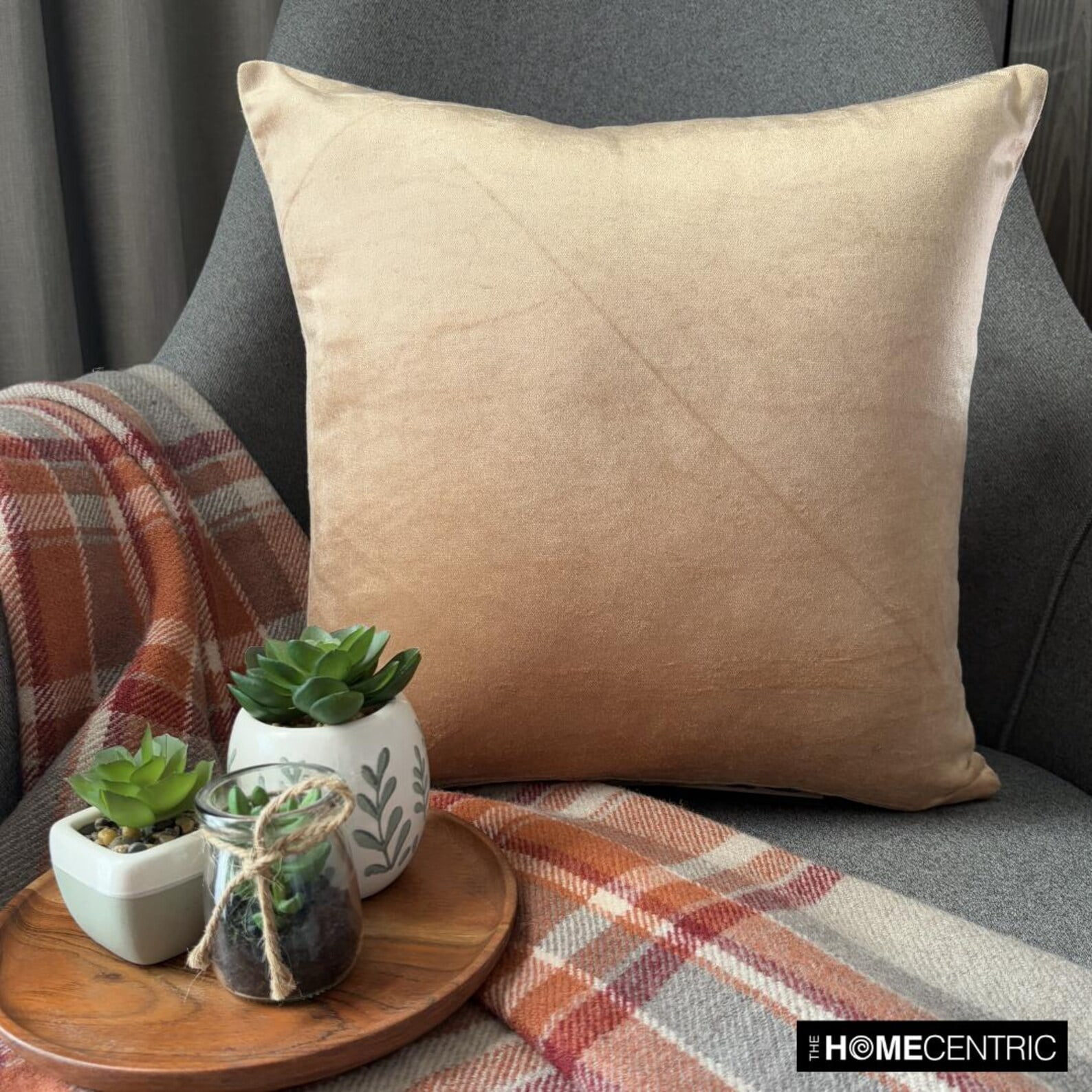 The HomeCentric Decorative Beige Pack of 2, 14x14 inch (35x35 cm) Throw Pillow Covers, Velvet Double Side, Faux Leather Puller Throw Pillows For Sofa, Solid Color Modern Style - Velvet Beige Jules