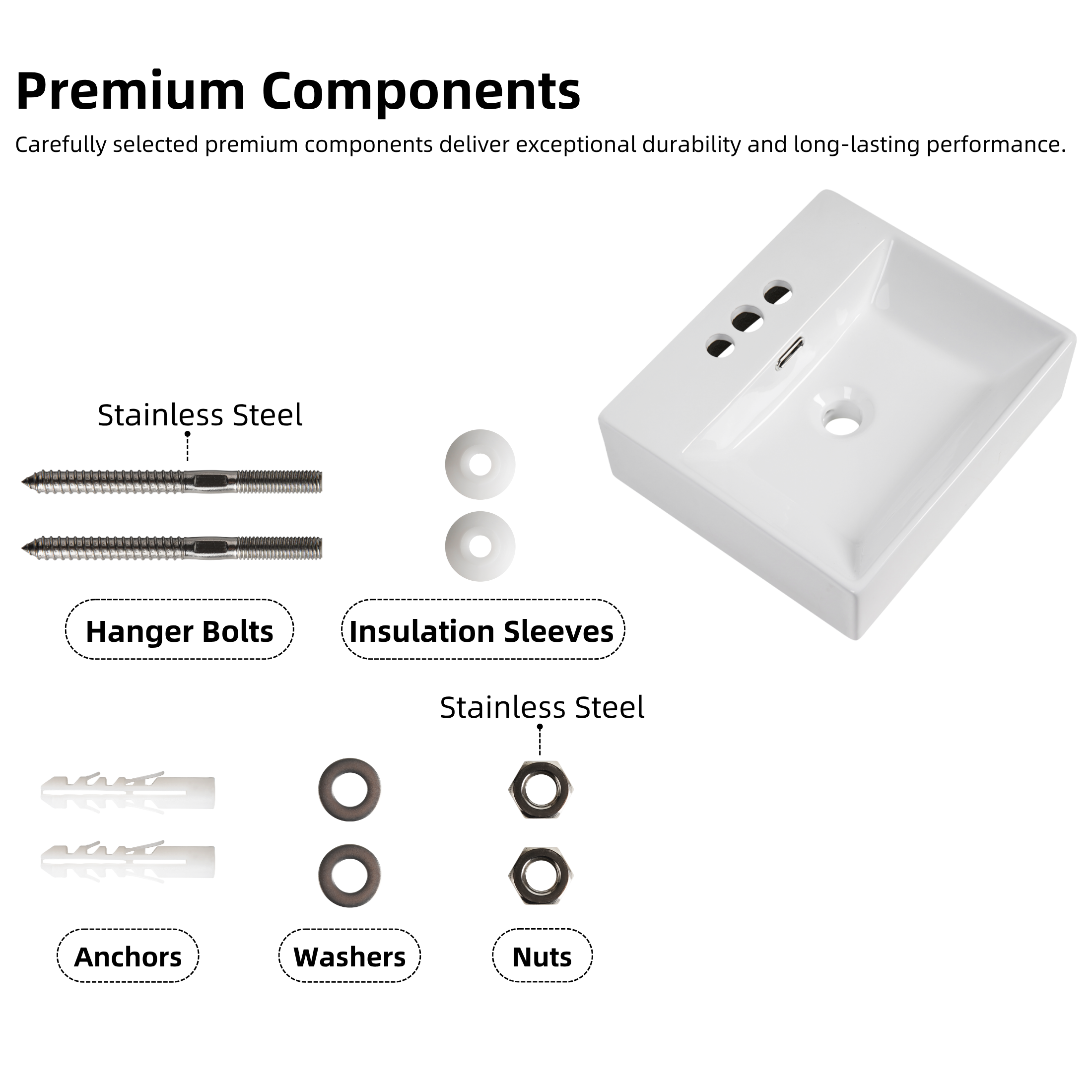 Los Flexi 16" x 14" Wall Mounted Bathroom Sink with 3 Pre-Drilled 4-Inch Faucet Holes, White Rectangular Ceramic Sink with Overflow for Small Bathrooms