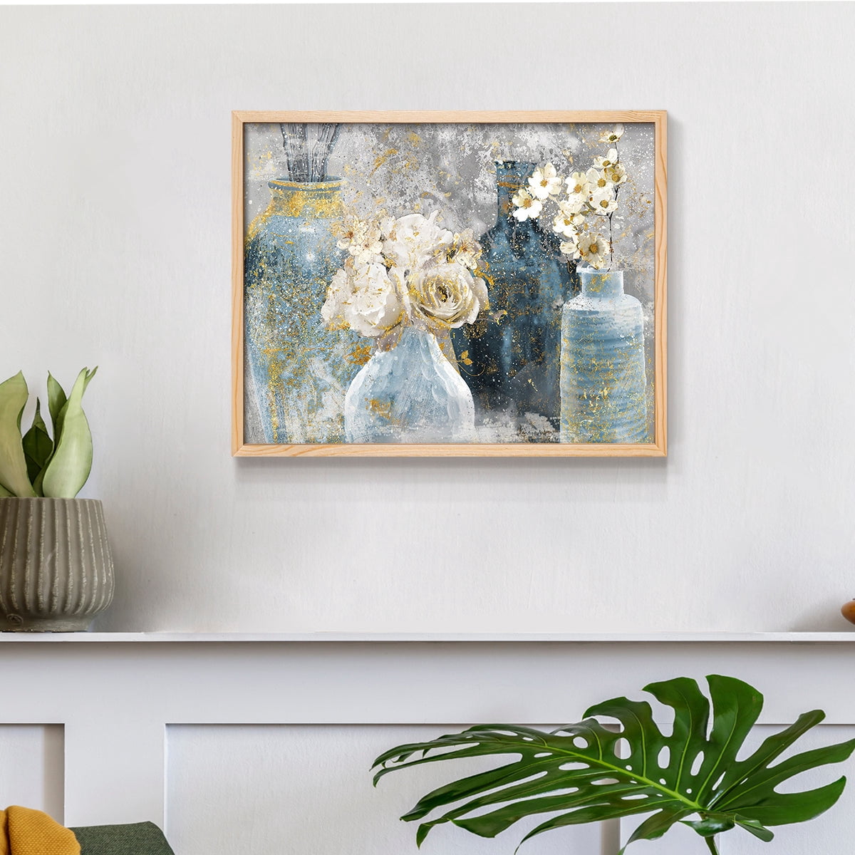 Vessels and Blooms Blues by Nan - Restickable Framed Giclée Print