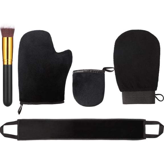 5 Pack Self Tanning Mitt Set, includes 1 Self Tanning Mitt, 1 Self Tan Applicator, 1 Exfoliating Glove, 1 Flat Top Self Tanner Brush,1 Back Lotion Applicator