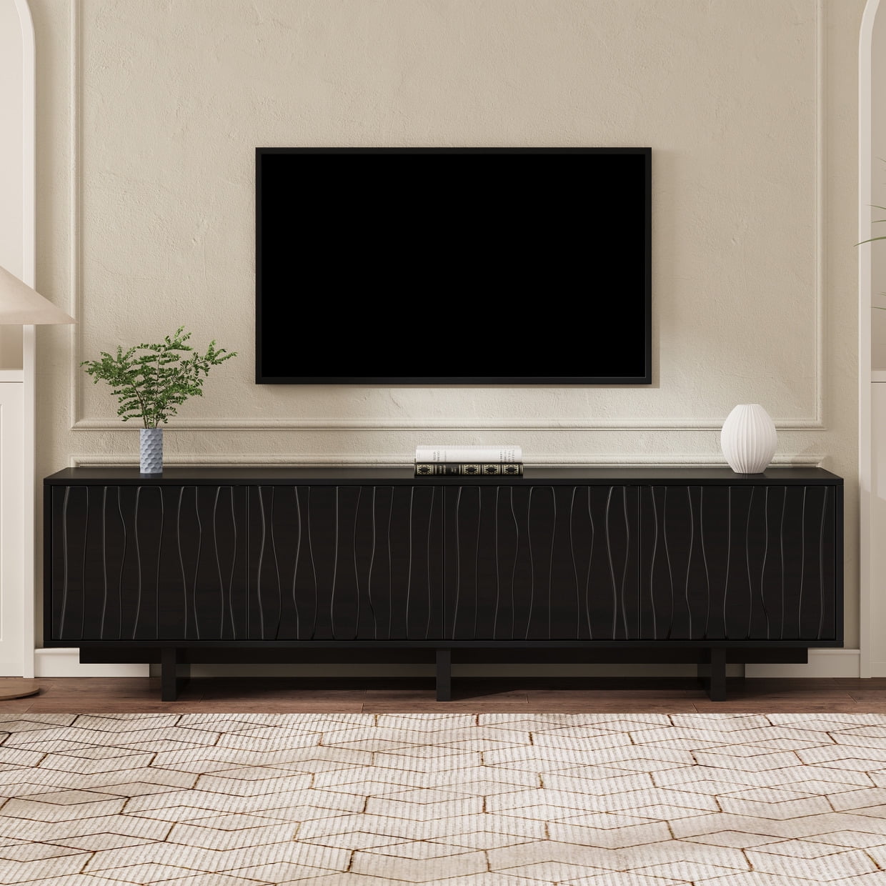 70" Wood Grain TV Stand for TVs up to 75 Inch, Mid Century Modern Entertainment Center with Storage Cabinet and Wavy Door, Media TV Console for Living Room, Black
