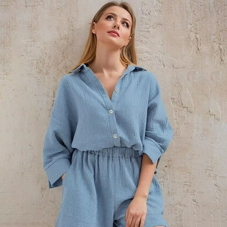 

CoCopeaunt Womens thin pajamas cotton pink nine-quarter sleeve shorts suit cotton casual can be worn outside the home wear