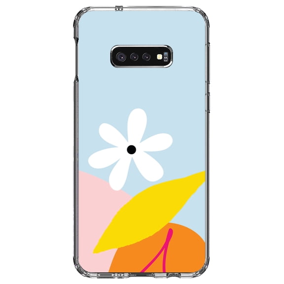 DistinctInk Clear Shockproof Hybrid Case for Samsung Galaxy S10e (5.8" Screen) - TPU Bumper, Acrylic Back, Tempered Glass Screen Protector - Summer Vibes Bold Cherry Pink Orange Yellow