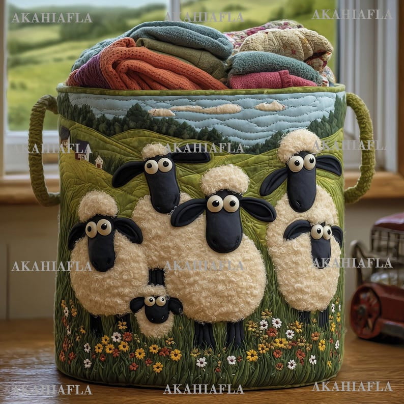 Sheep Heaven Quilted Laundry Basket, Sheep Laundry Hamper, Sheep Laundry Room Decor, Colorful Sheep Storage Bin, Gift For Mom