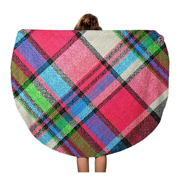 POGLIP 60 inch Round Beach Towel Blanket Pink Plaid Colorful Checkered Loincloth Red Pattern Chess Color Travel Circle Circular Towels Mat Tapestry Beach Throw