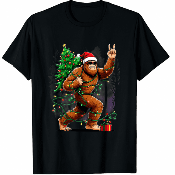 Santa Bigfoot Christmas Tree Xmas Lights Funny Sasquatch T-Shirt