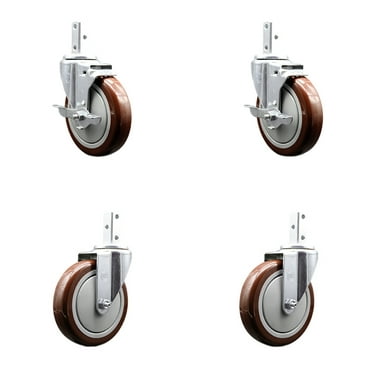 5 Inch Maroon Polyurethane Wheel Swivel 7/8 Inch Square Stem Caster Set 2 Brakes