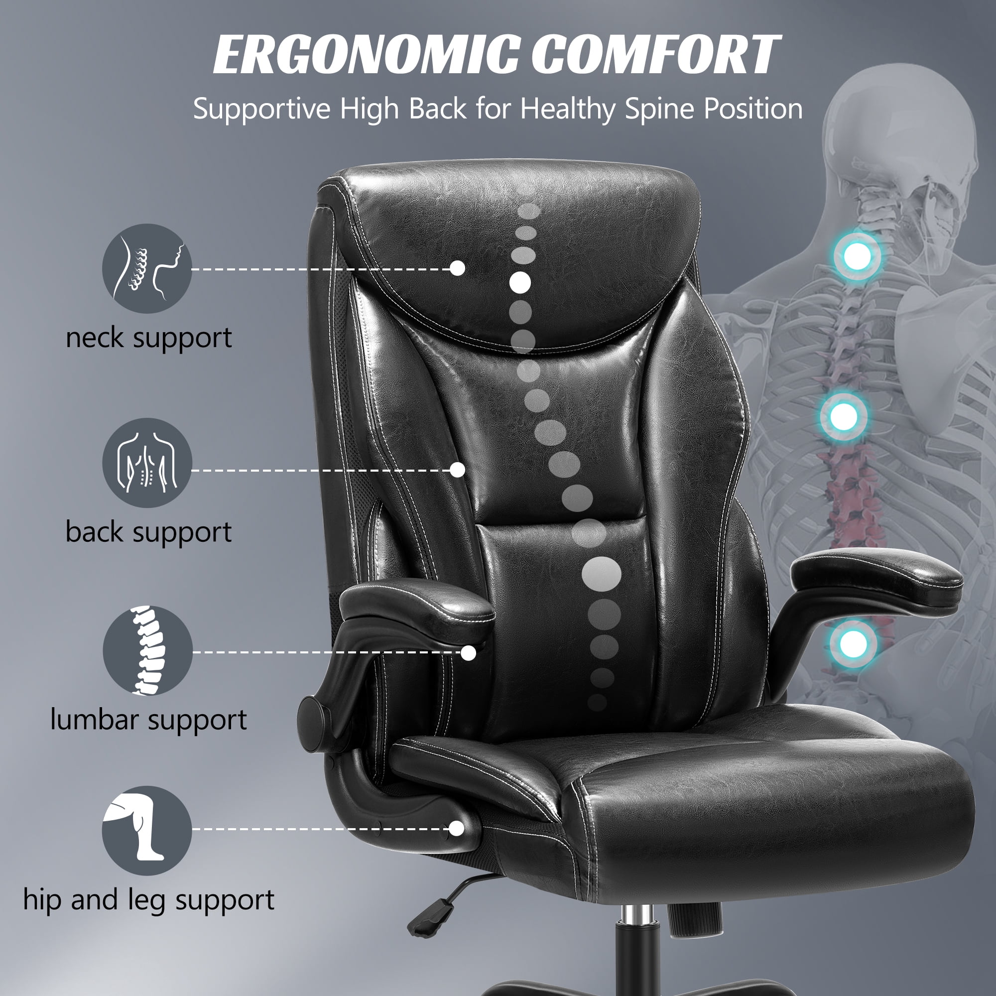 ATHOPE Executive Office Chair, Leather Office Chair with High Back Flip Up Armrests, Height Adjustable Comfy Desk Chair with Wheels, Ergonomic Computer Chair, Black