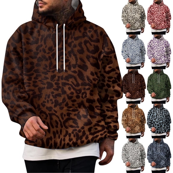 KLHDSF Men's Vintage Leopard Print Hooded Sweatshirt with Single Pocket Drawstring Hood Ribbed Cuffs Hem Fall Winter Street Athletic Top for Men Blue L