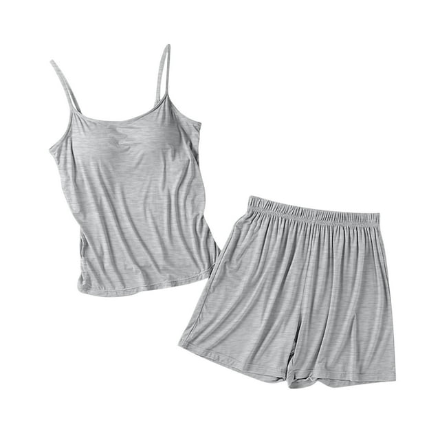 MeetoTime Pajamas for Women Set Summer Solid Color Spaghetti Strap Camisole with Chest Pad Shorts Homewear