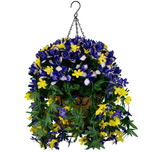Sympathy Silks Artificial Cemetery Flowers - Hanging Basket Purple Iris and Stargrass Wildflowers