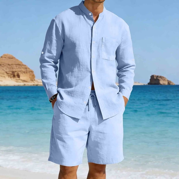Ceisia Men's Casual Linen-Like Solid Color 2-Piece Outfit Stand Collar Long Sleeve Shirt and Drawstring Shorts Set Gift