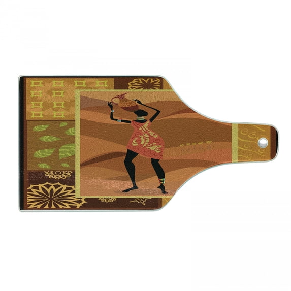 African Cutting Board, Frame with Natural Autumn Elements Native Girl with Vase Exotic Zulu Print, Decorative Tempered Glass Cutting and Serving Board, Wine Bottle Shape, Multicolor, by Ambesonne