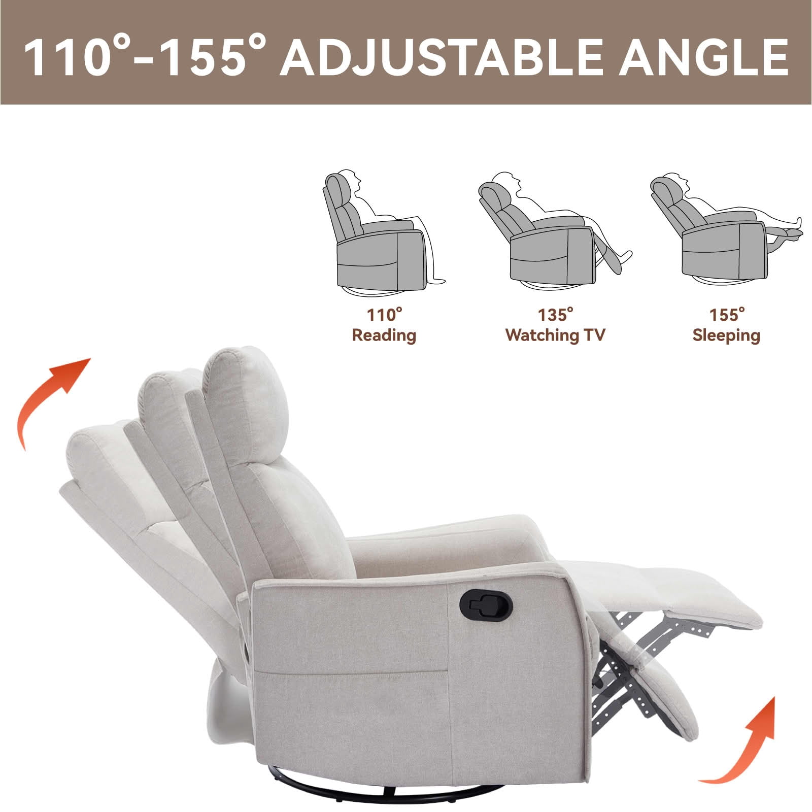 MAYEERTY Beige Heat Massage Recliner Chair, 360° Swivel Rocker 27"x36"x40" for Living Room