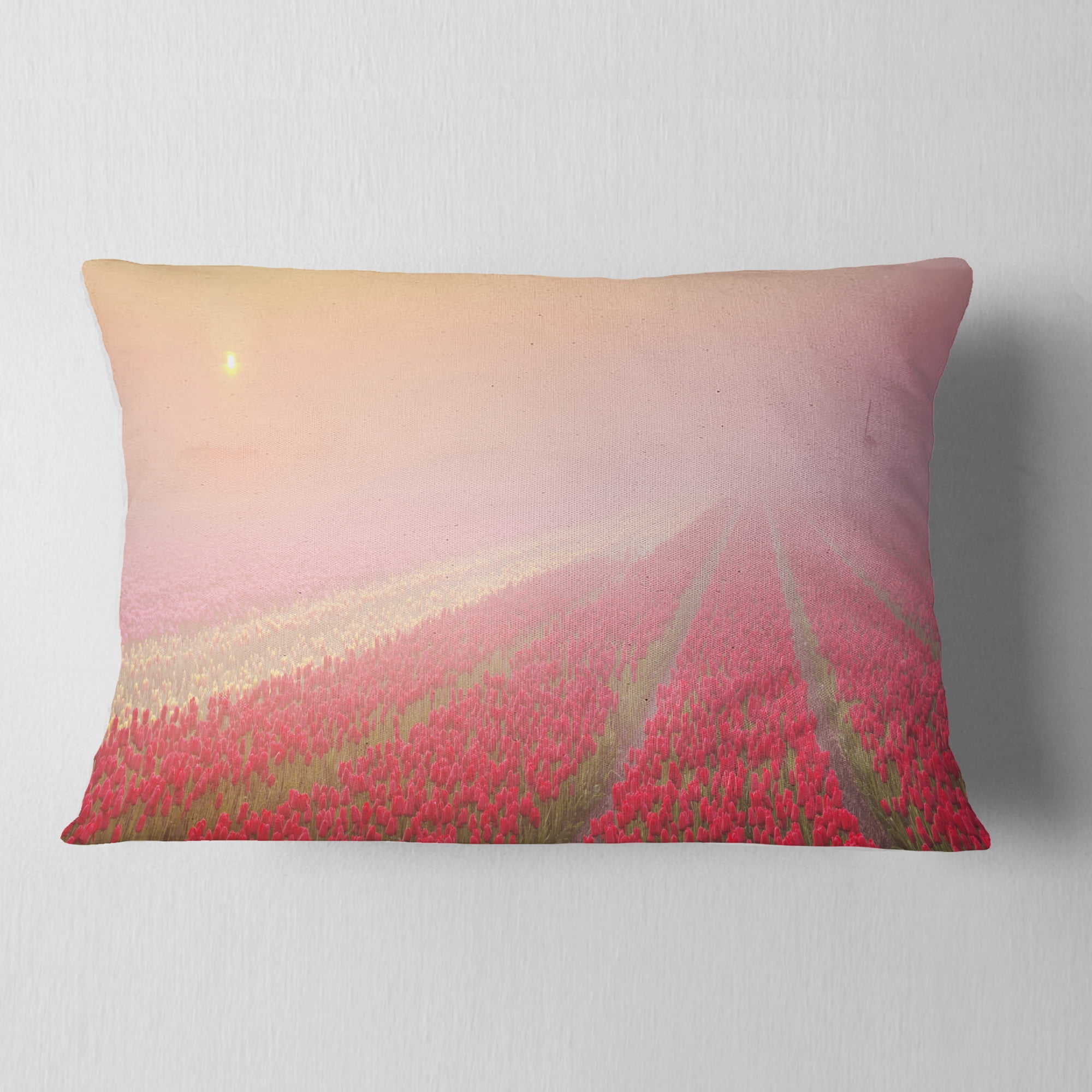 Designart Sunrise over Rows of Tulips - Landscape Printed Throw Pillow - 12x20