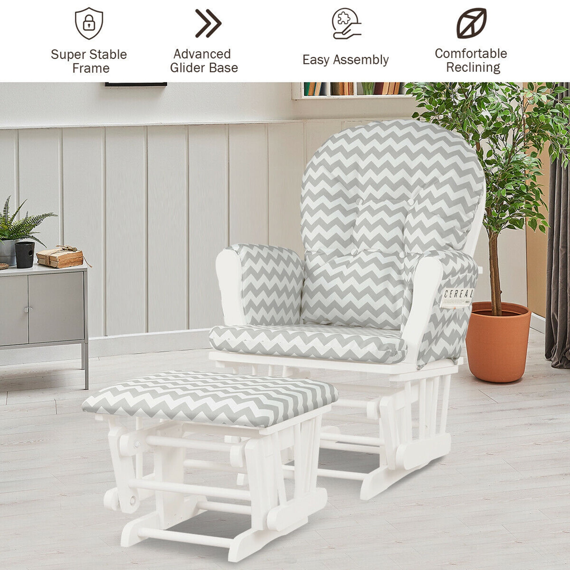Gymax Baby Nursery Rocking Chair Glider and Ottoman Cushion Set Wood Grey + White