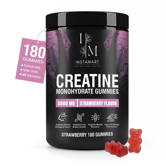 INSTAMART Creatine Monohydrate Gummies 5g for Men and Women | Pre-Workout Supplement for Strength, Energy, Focus & Muscle Growth | Strawberry Flavored Creatine, Sugar-Free, Vegan, 180 Gummies