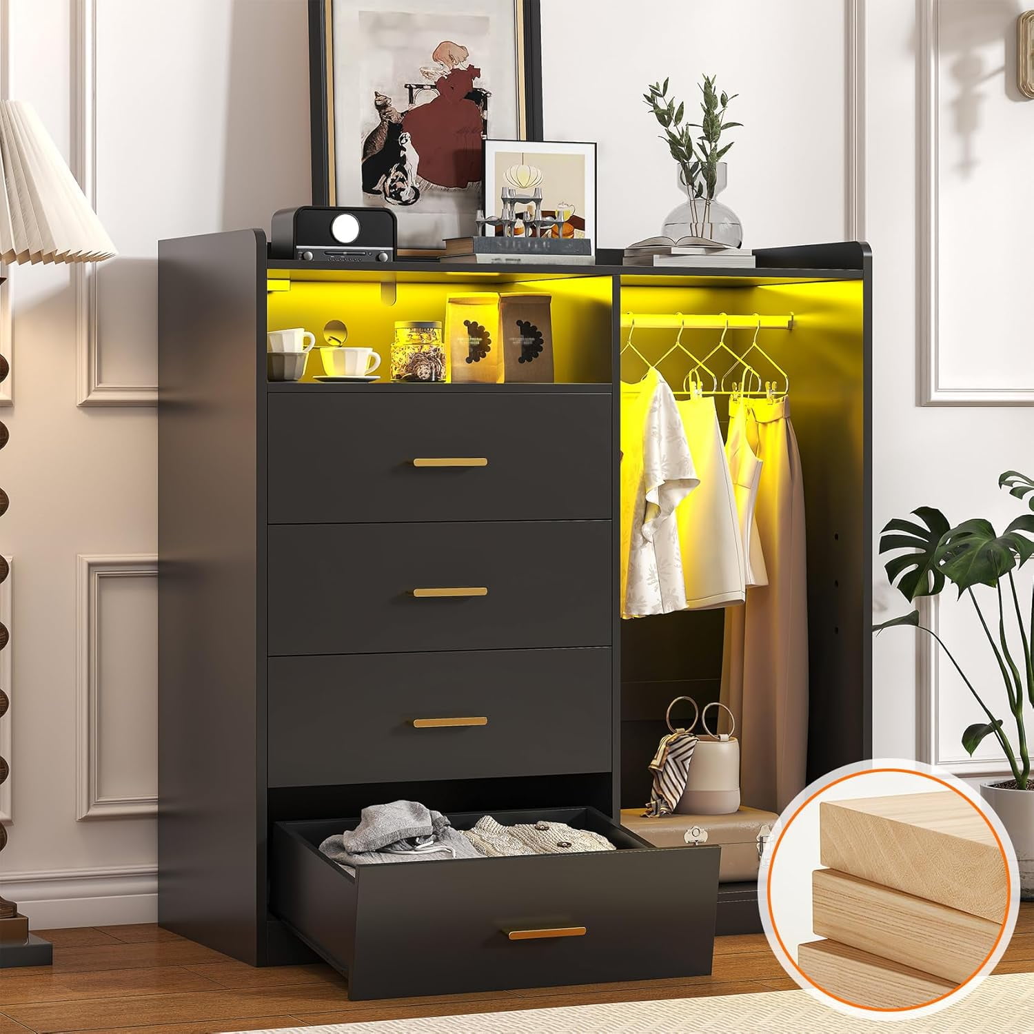 Winkalon 4 Drawer Dresser with Clothing Rack and LED Lights,Modern LED Dresser for Bedroom,Black