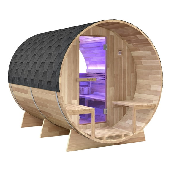 4-6 Person Outdoor White Cedar Barrel Wet Sauna with 6kW TOULE Rock Heater, Front Porch, and Scenic Wide Viewing Port