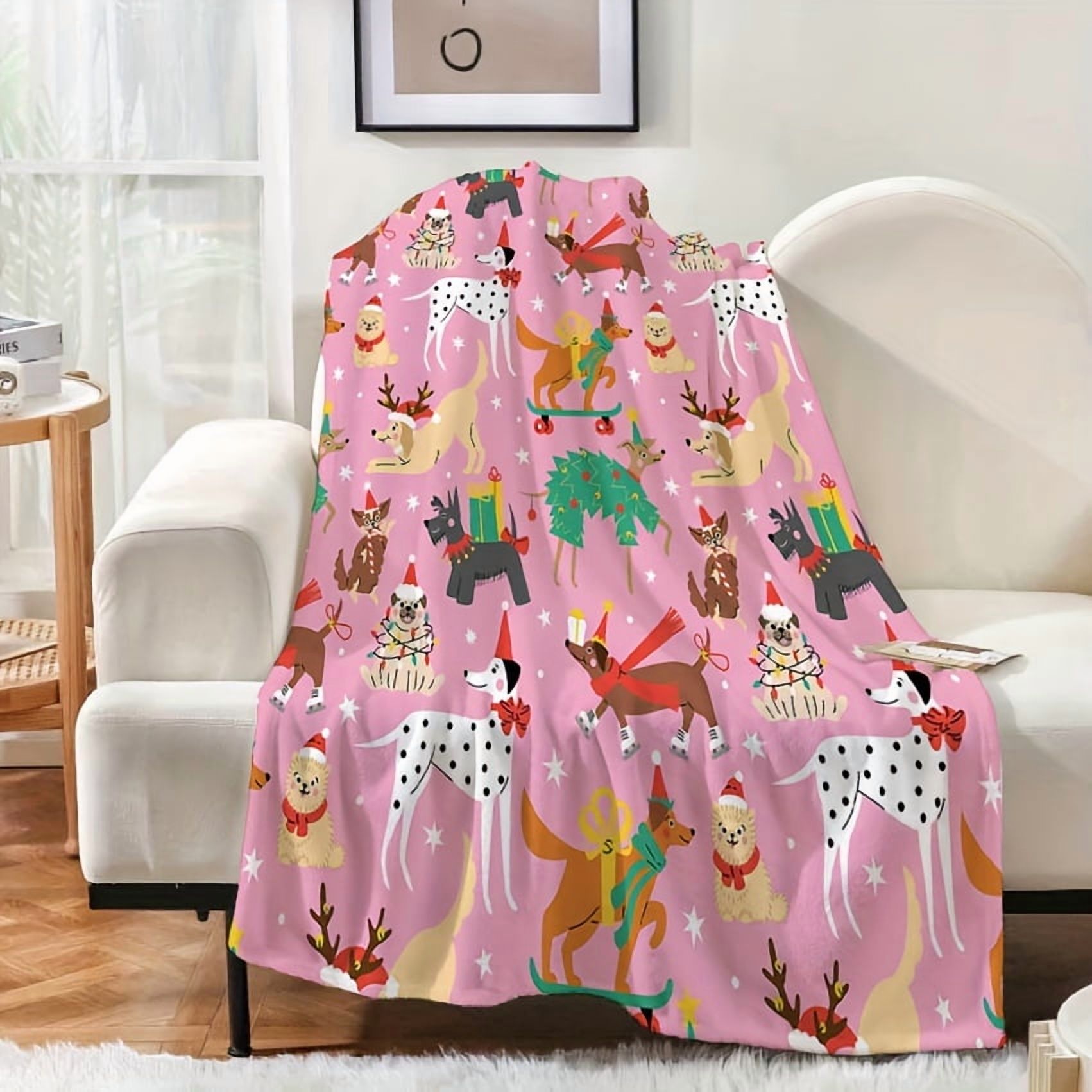 1pc Digital Print Flannel Fleece Blanket, Contemporary Christmas Dog Design, All-Season Reversible Throw, Machine Washable, Mixed Colors, Home & Kitchen Bedding