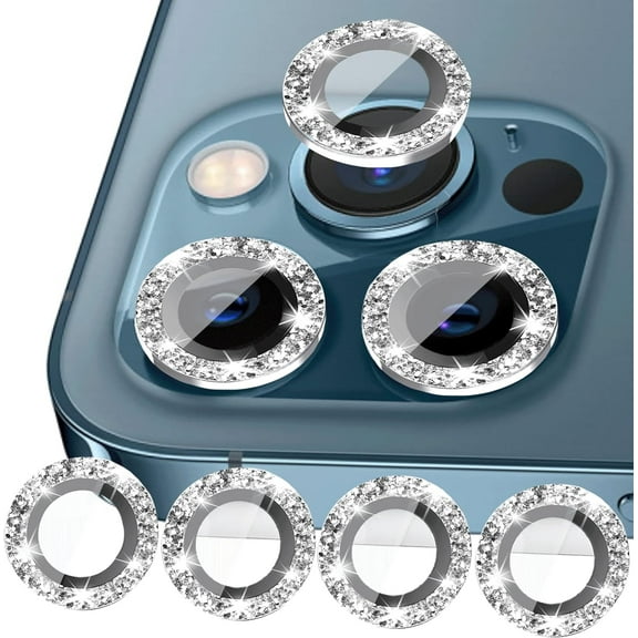 (4-Pack Compatible with iphone 15 Pro / 15 Pro Max Camera Lens Protector Bling Glitter, 15 Pro Camera Cover, 15 Pro Max Camera Protector Clear Tempered Glass 9H, Case Friendly, (Silver)