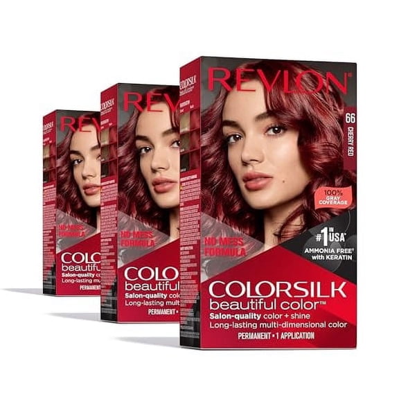 Revlon ColorSilk Beautiful Color Permanent Hair Color, Long-Lasting High-Definition Color, Shine & Silky Softness with 100% Gray Coverage, Ammonia Free, 66 Cherry Red, 3 Pack