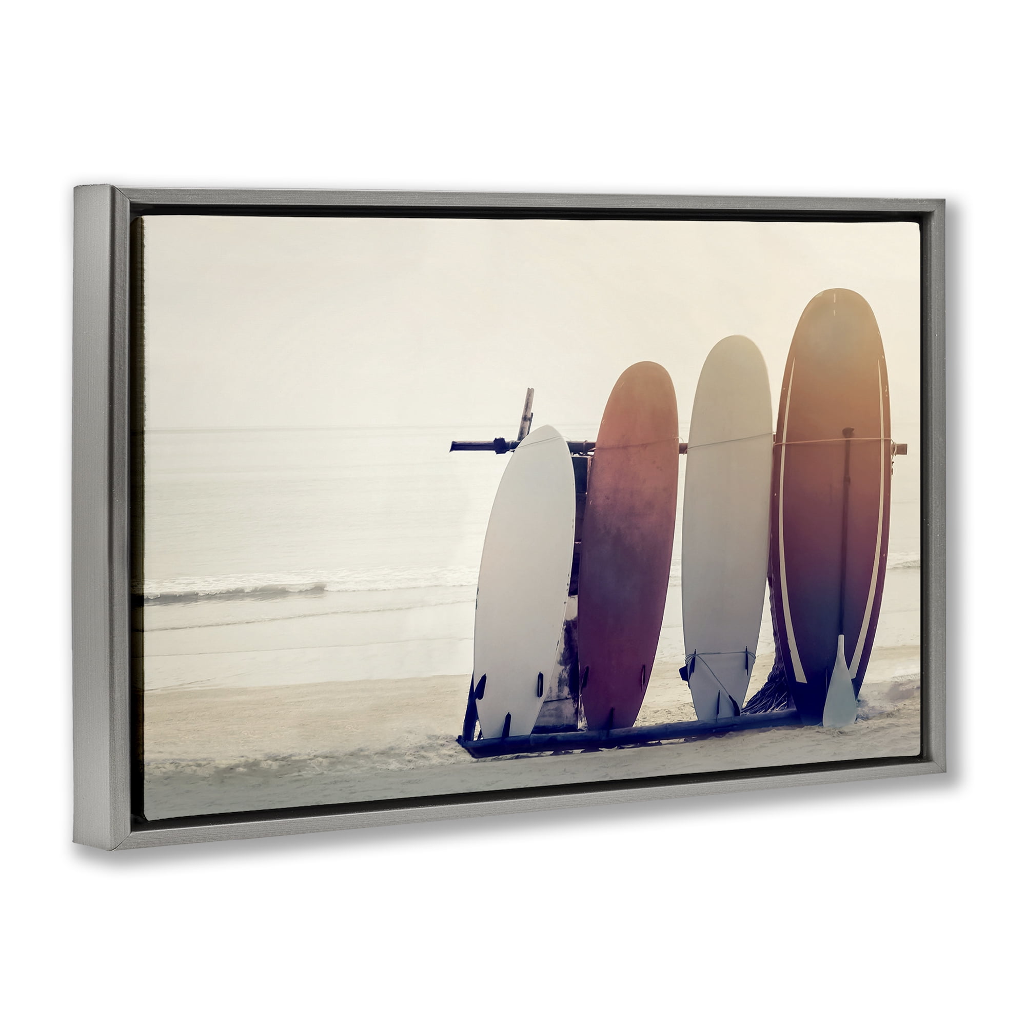Stupell Industries Beach Surfboards Leaning Landscape Photography Gray Floater Framed Canvas Art Print Wall Art, 25 x 17