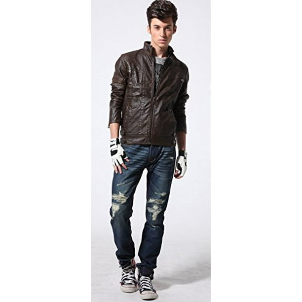 Chouyatou Men s Vintage Stand Collar Pu Leather Jacket Large DZQM769 Coffee Walmart