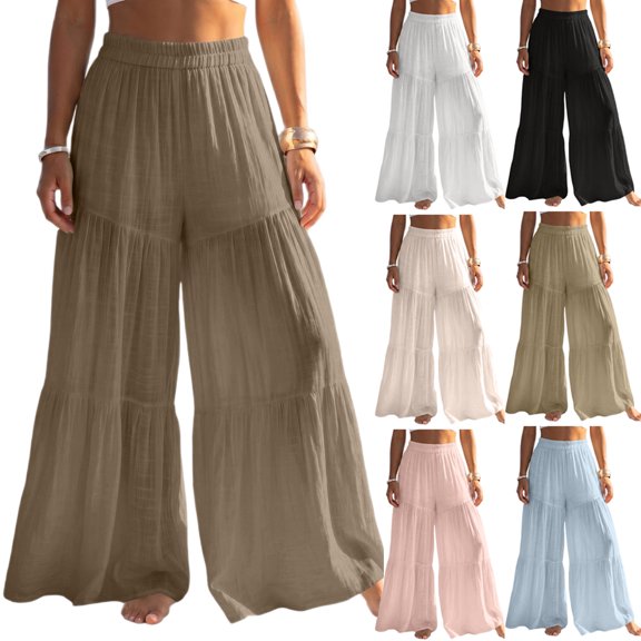 Yuaguia Women's High Waist Wide Leg Pants, Cotton Linen Pleated Culottes, Solid Color Casual Loose Trousers, Lightweight Comfortable Bottoms for Daily Wear and Vacation, Light Brown L