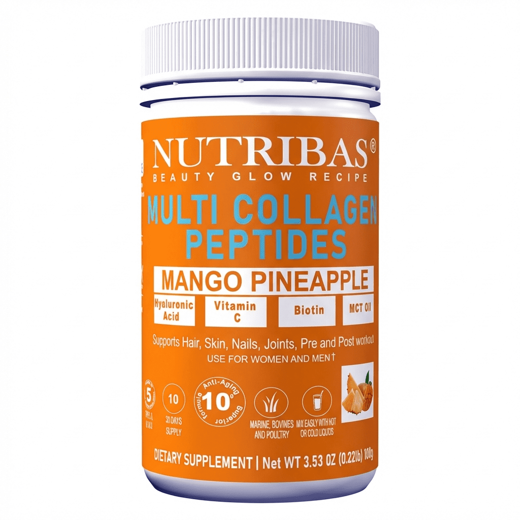 Nutribas Protein Multi Collagen Peptides Powder Whole Body Support Formula With MCT, Vitamin C, Biotin & Hyaluronic Acid , Vanilla Strawberry Mango, 11 oz