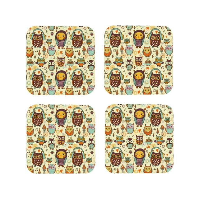 Vsdgher Cute Owls Print Leather Coasters for Drinks, Durable Drink Coasters 4 Set for Tabletop Protection, Luxurious Home Décor and Housewarming Gift-Square
