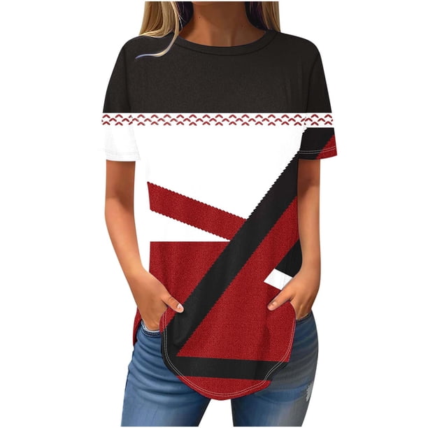 Tops de Algodón para las Mujeres Patchwork Impresión Cuello Redondo Suelto Tee, Imitación Algodón Tops Cortos para las Mujeres