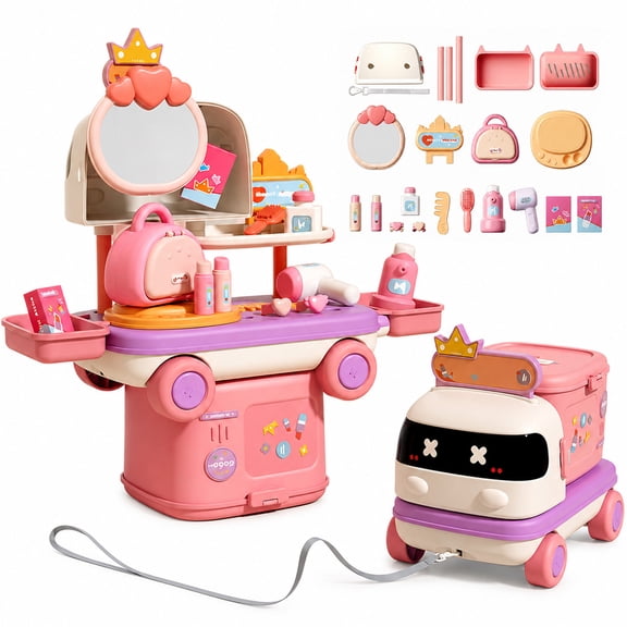 Funtogether Toys Beauty Salon Playset for Kids, 2 in 1 Makeup Vanity Truck Toy with 30 Pcs Pretend Play Accessories