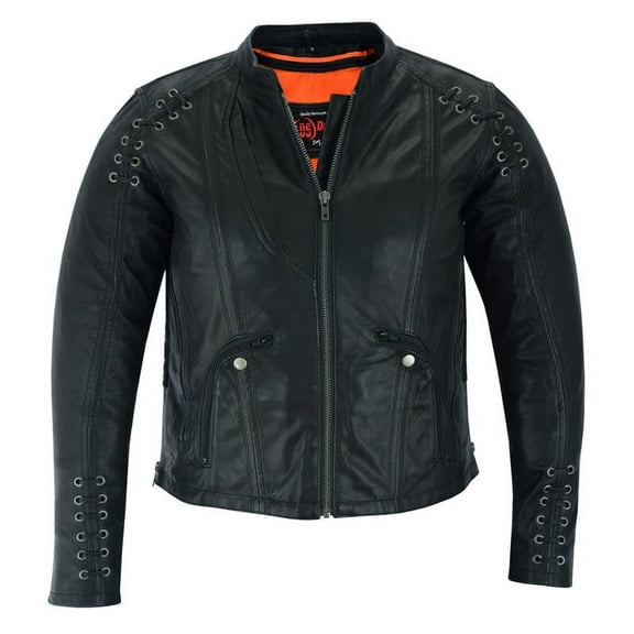 Daniel Smart XS to 5XL Classic Women Motorcycle Leather Jacket with Grommet Detailing Side Lacing