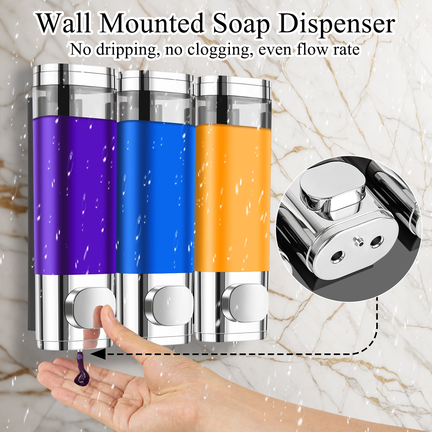 Shampoo Dispenser for Shower, Shower Shampoo Dispenser 3 Chamber, Shower Soap Dispenser Wall Mounted, Suitable for Bathroom, Kitchen, Hotel(Silver)