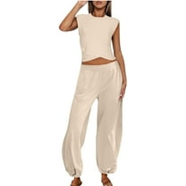 Scyoekwg Womens Casual 2 Piece Outfits Sleeveless Round Neck Tops Wide Leg Pants Casual Trendy Solid Color Loose Sweatsuits Sets Tracksuit (Beige,XXL)