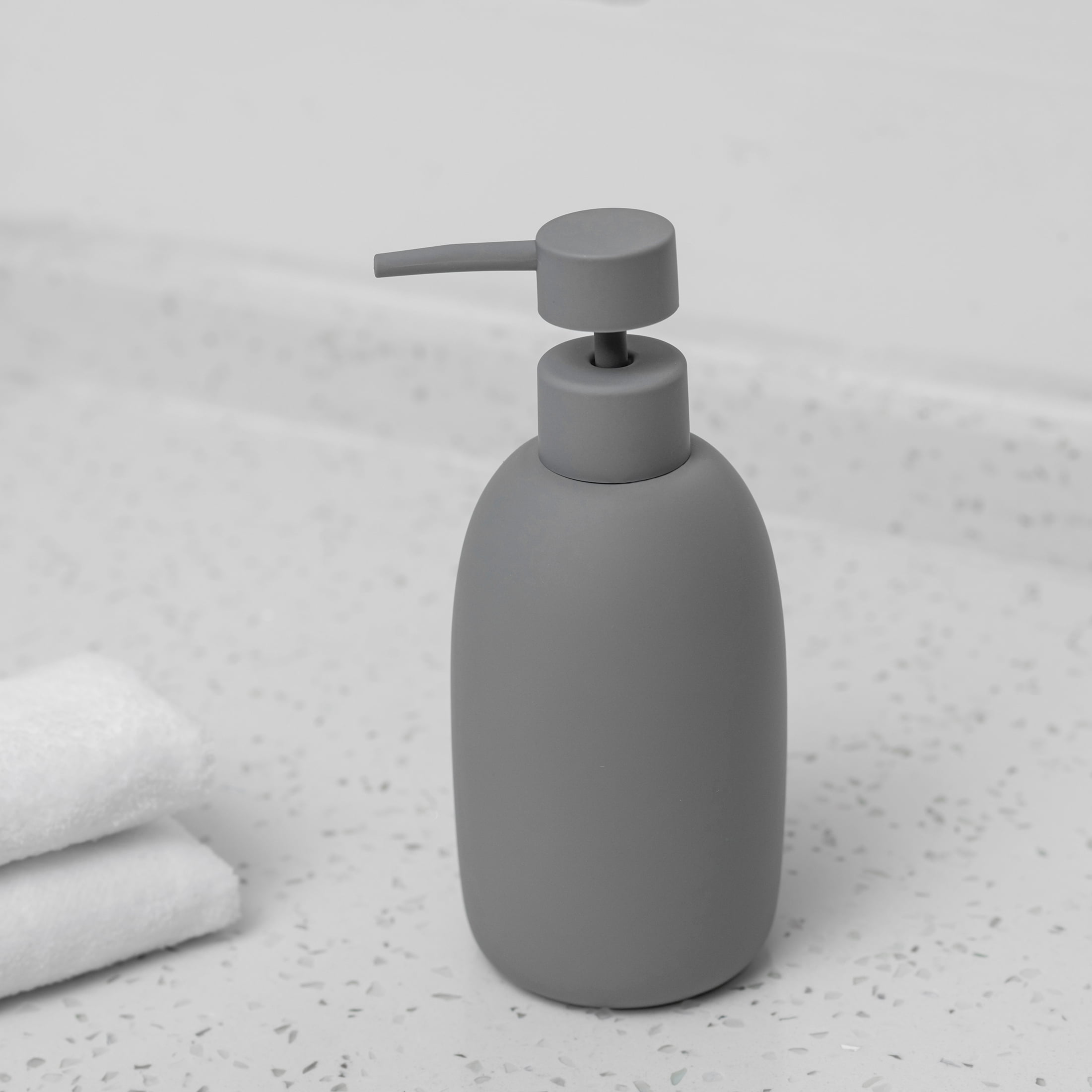 Mainstays Ceramic Stoneware Bath Accessories 3-Piece Set, Grey – Soap Pump Dispenser, Tumbler, and Accessory Tray