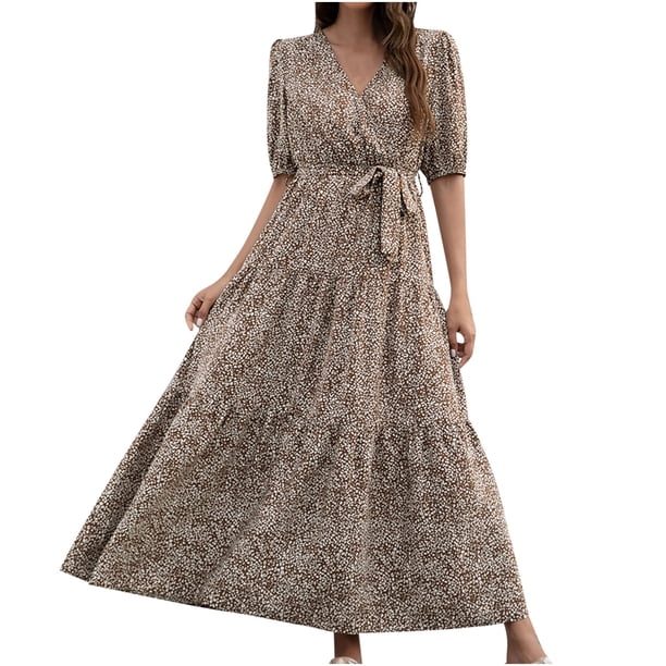 Vestido largo de vendaje de manga corta con cuello en V y estampado informal de verano para mujer a la moda Fridja qw6630