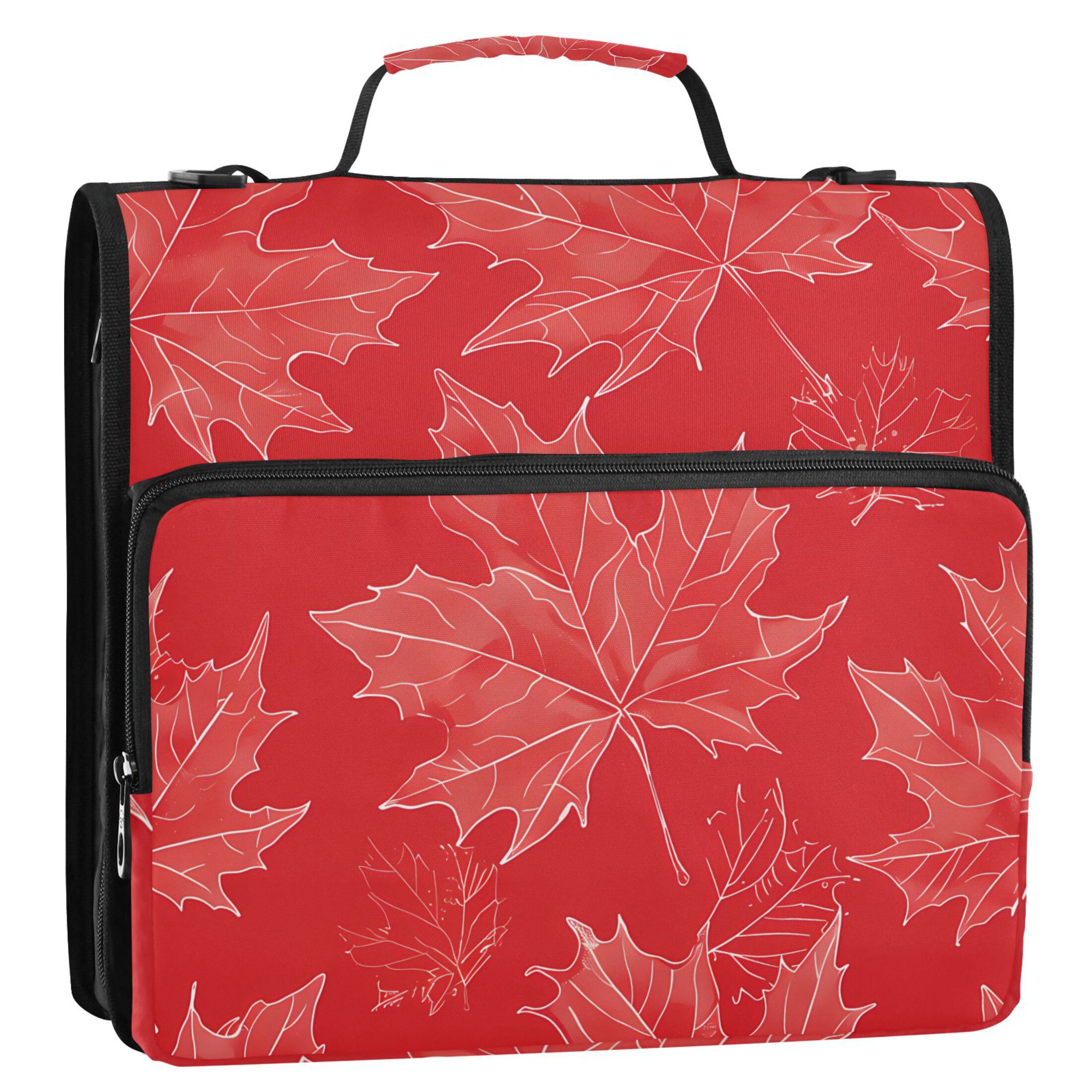 3 Ring Zipper Binder with Shoulder Strap Waterproof Trapper Keeper 2 Inch D-Ring 500 Sheets Capacity Hand Drawn Maple Leaves
