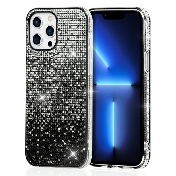 KIQ iPhone 13 Pro Case, Gradient Glitter Womens Phone Case Cover TPU Bumper Skin (Black)