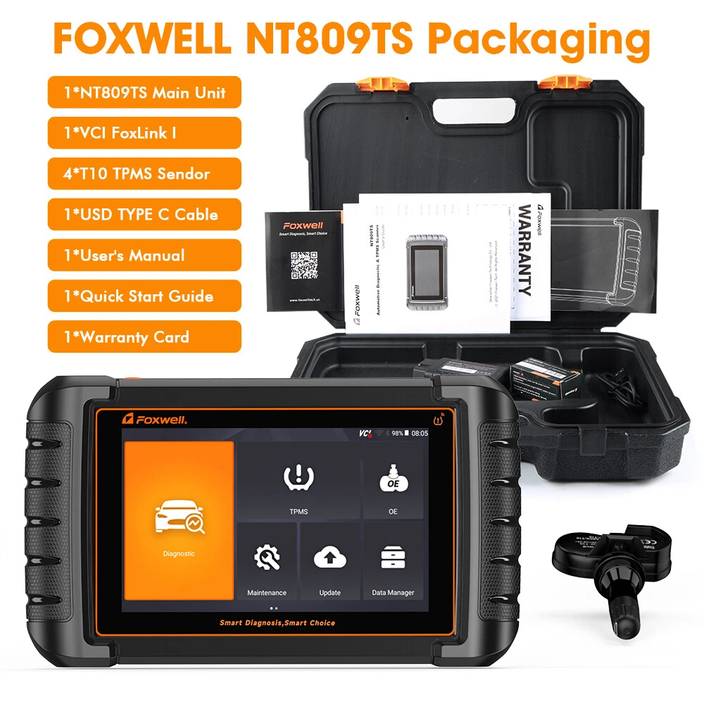 FOXWELL NT809TS TPMS Relearn Activation Tool OBD2 Scanner All Systems Bi-Directional Diagnostic Scan Tool 30+ Reset Active Test EOBD OBD Car Diagnostic Scanner TPMS Functions with 4PCS Sensors